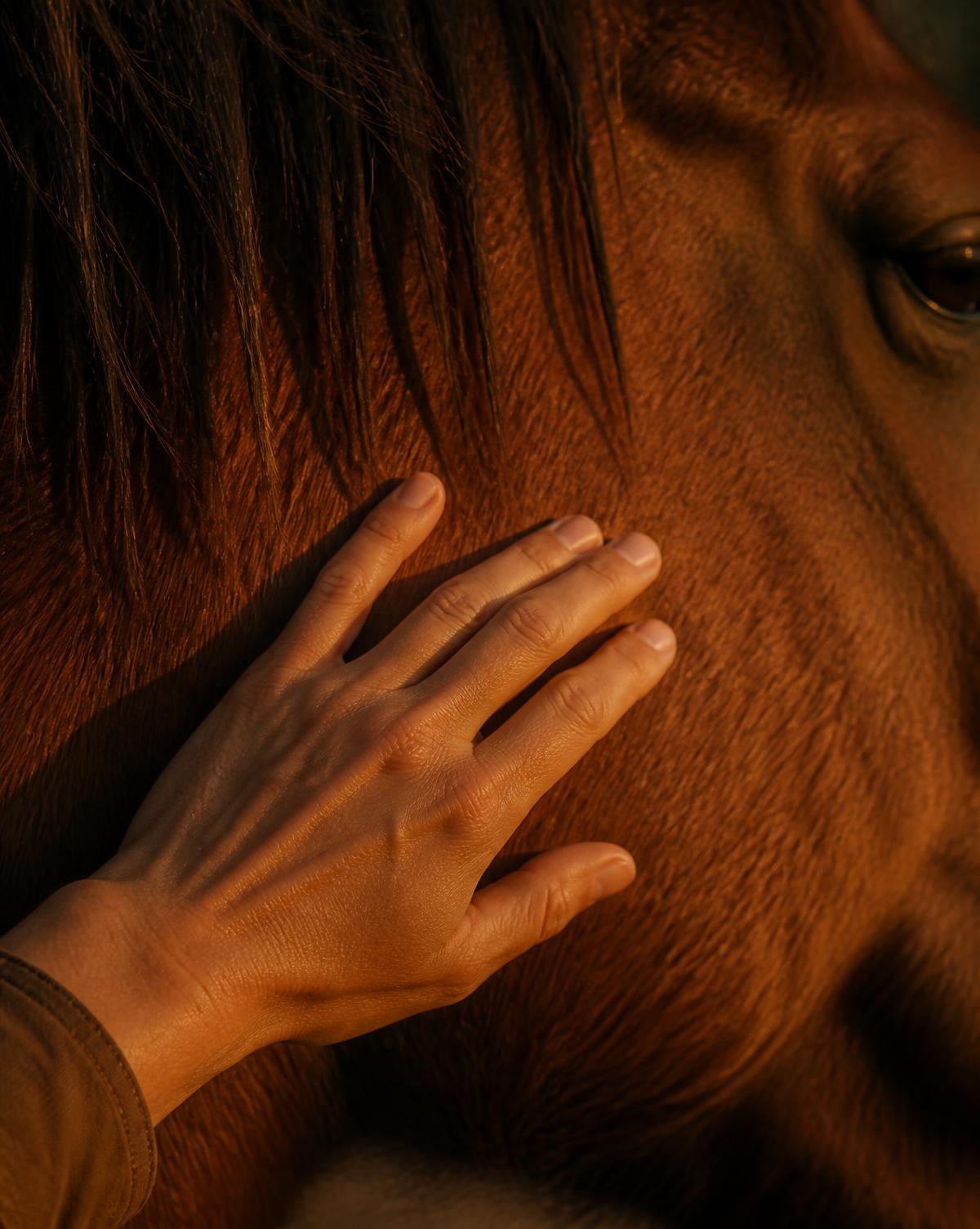 A hand resting gently on a horse's neck in low sunlight