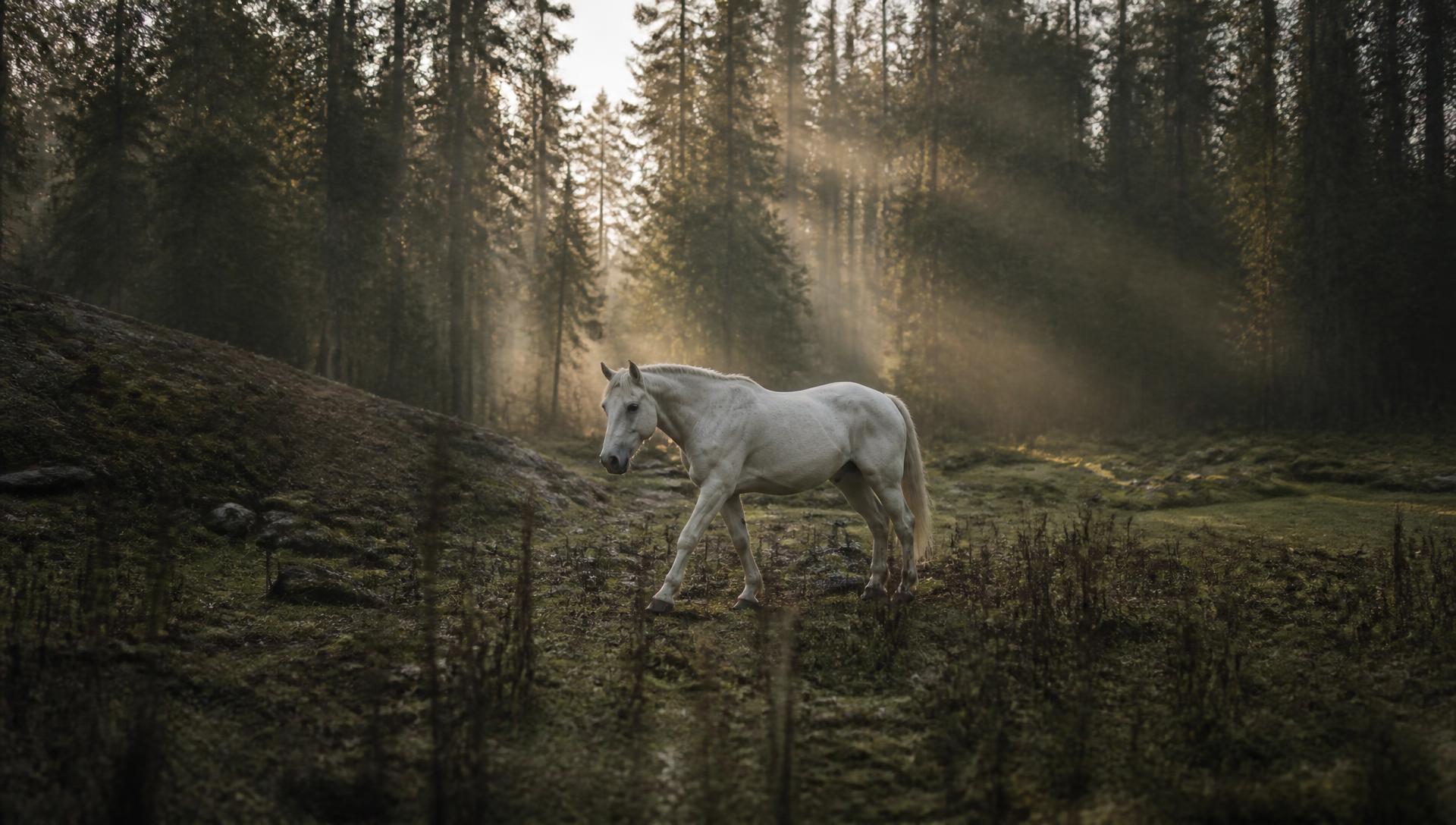 A horse walking free through a misty forest clearing