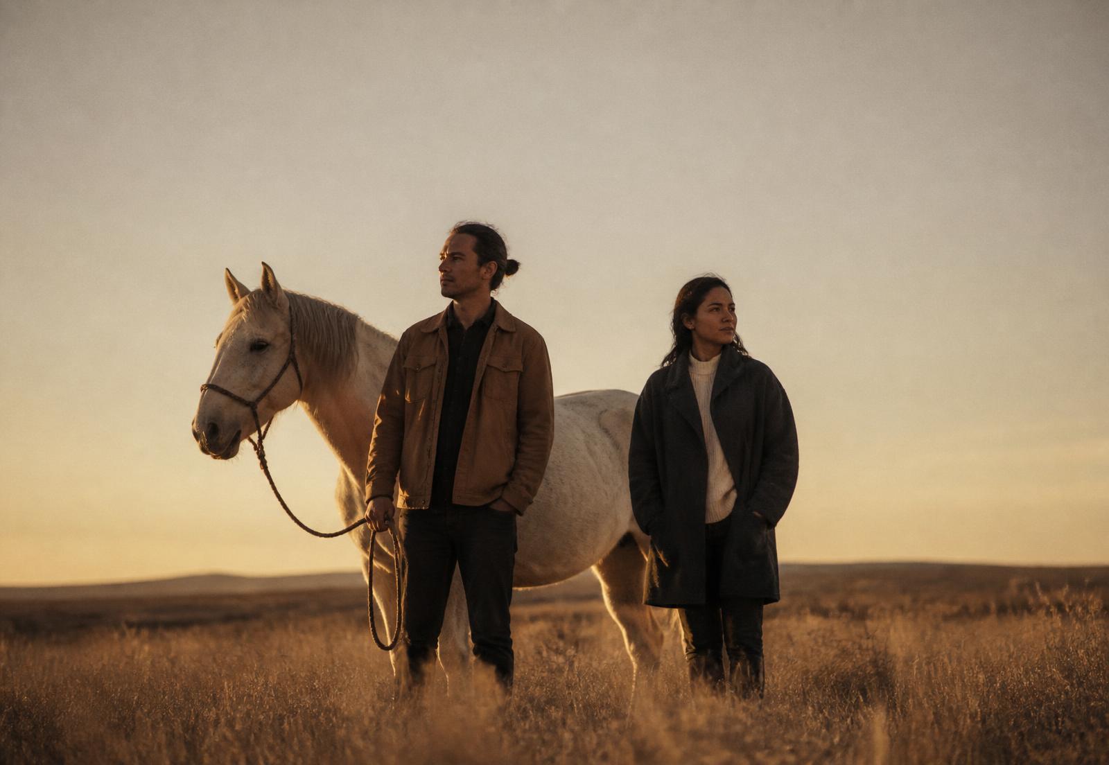 Two people standing quietly with a horse in an open field at dusk
