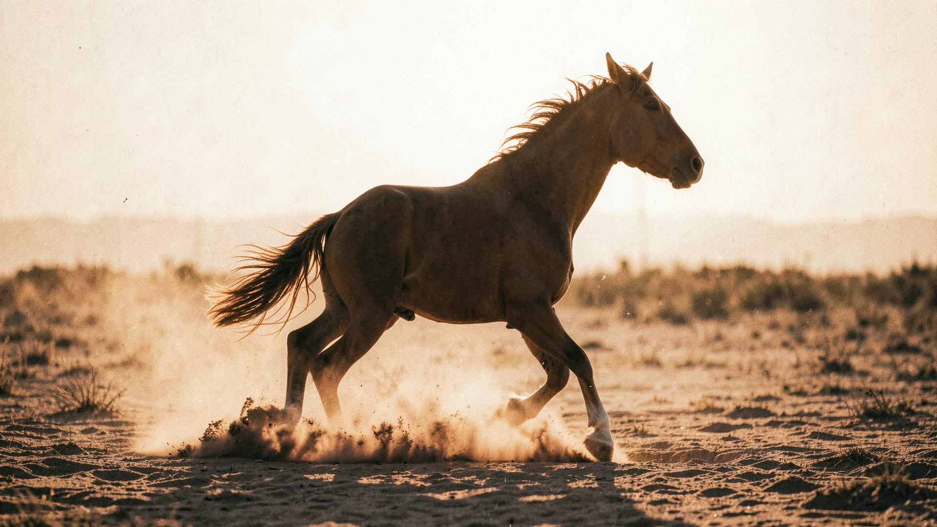 A horse moving through dust in backlit evening sun